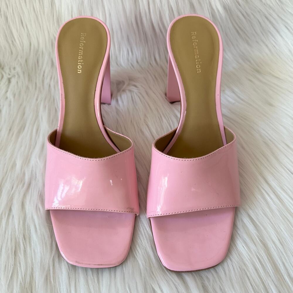 REFORMATION Georgi Block Heel Sandal Patent Leather Square Toe Mule, Pop Pink - Picture 3 of 11